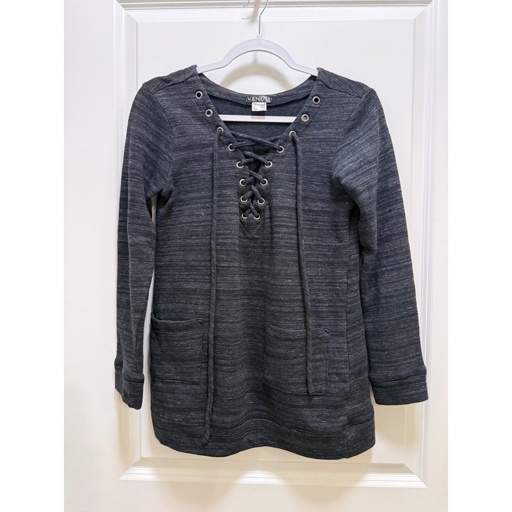 Venus Womens Charcoal Gray Marled Lace Up Grommet Tunic Sweatshirt Small Pockets